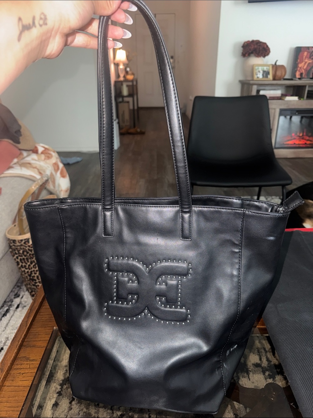 Sam Edelman Black Studded Logo Leather Tote